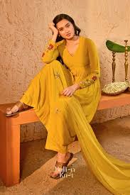 HARITAARA YELLOW PATCHWORK A-LINE SUIT SET (DRESS